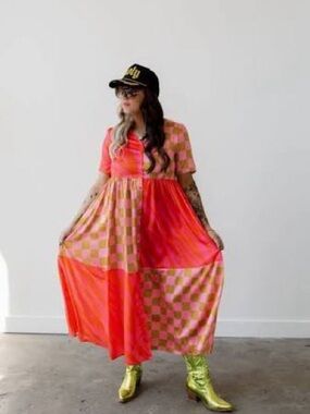 Emy Ave Wild Child Dress - Pink & Orange Satin Multi-Print - Sz S/M Hippie Boho